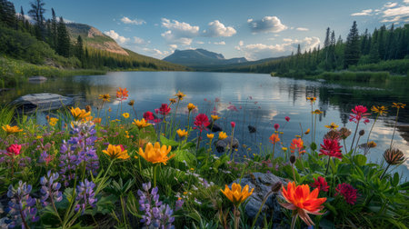 A diverse array of vibrant flowers encircle a serene lake, creating a colorful and lively scene of natures beauty.の素材