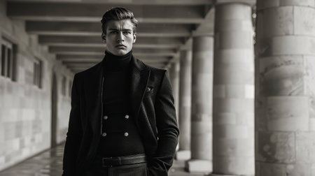 A man wearing a black coat is standing in a hallway, providing a stark contrast against the neutral walls and floor.の素材