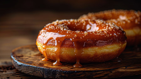 A couple of donuts sit on top of a wooden plate in this close-up shot.の素材