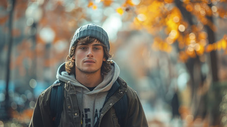 A young man wearing a beanie walks along a city street with determination.の素材
