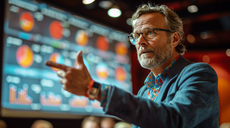 A man standing confidently in front of a large screen, delivering a presentation to an audience.の素材