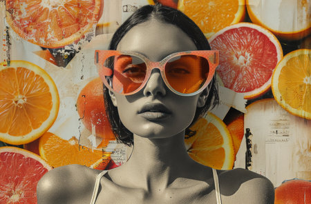 A woman in sunglasses standing among oranges and grapefruits.の素材