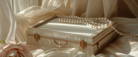 A white box is placed on top of a bed next to a vibrant flower.の素材