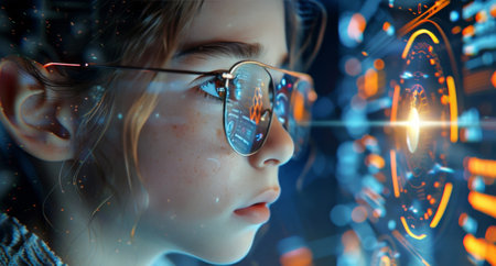 A woman is focused on the computer screen in front of her, which is emitting soft glowing lights.の素材