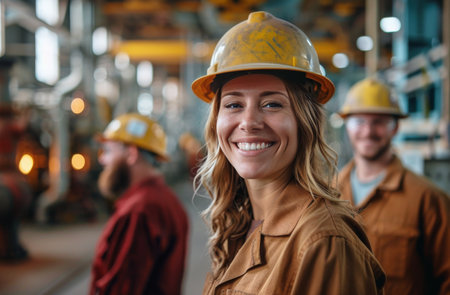 A group of individuals wearing hard hats and safety glasses, focusing on a construction or industrial setting.の素材