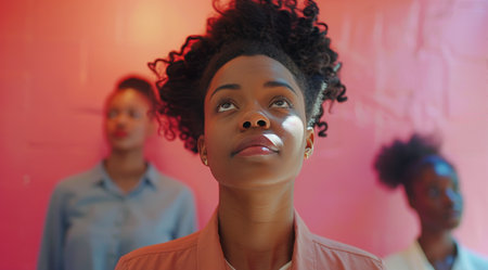 A woman wearing up at the sky, her eyes fixed on something above her.の素材