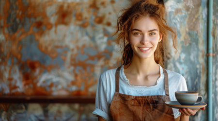 A woman holding a plate with a cup on it, in a simple and functional gesture.の素材