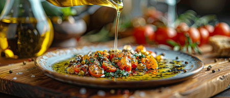 Close up of oil pouring from a bottle, with a focus on the flowing liquid and the bottles spout.の素材
