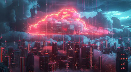 A cityscape under a canopy of clouds with vibrant fireworks lighting up the sky.の素材