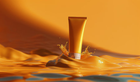 A yellow tube of liquid is seen splashing into the water, creating ripples and motion.の素材
