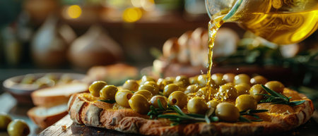 Green olives are being evenly drizzled onto a freshly baked pizza, adding a burst of savory flavor to the dish.の素材