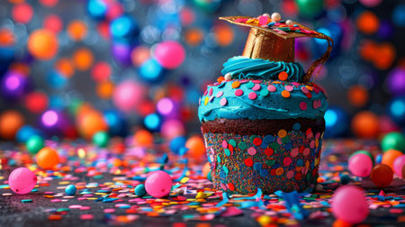 A cupcake topped with a graduation cap surrounded by confetti in a festive celebration.の素材