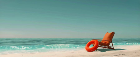 An orange chair is placed on a sandy beach, creating a striking contrast against the natural surroundings.の素材