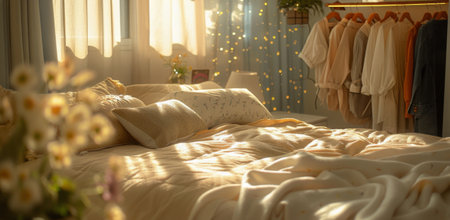 A white comforter neatly covers a bed in a bedroom setting, creating a clean and inviting atmosphere.の素材