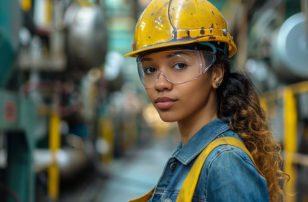 A woman wearing a hard hat and safety glasses on a construction site.の素材