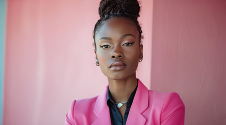 A woman dressed in a pink suit is standing against a pink wall.の素材