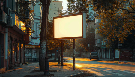 An empty billboard stands tall on a city street at night, illuminated by the soft glow of streetlights and the distant city skyline.の素材