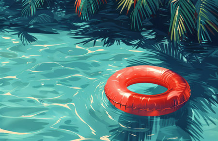 A life preserver buoy floating in a pool of water, ready for emergency rescue situations.の素材