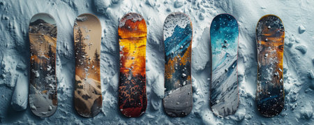 A row of skis resting on top of a snowy surface in a winter setting.の素材