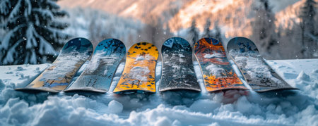 A row of skis resting on top of a snowy surface in a winter setting.の素材