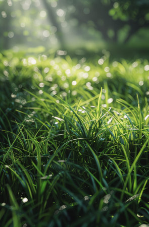 Close-up view of a grassy field with trees in the distant background.の素材