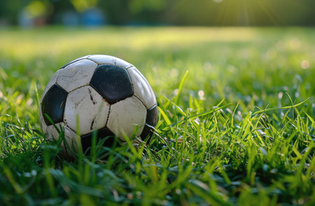 A soccer ball is placed on a vibrant green field, showing the contrast between the white and black patterned ball and the natural grass.の素材