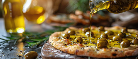 Green olives are being evenly drizzled onto a freshly baked pizza, adding a burst of savory flavor to the dish.の素材