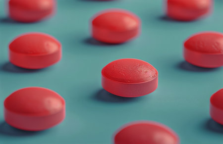 Red pills arranged neatly on a blue surface.の素材