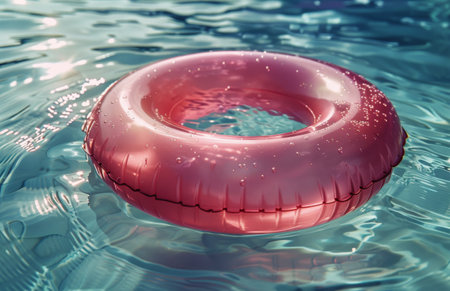 A red ring floating on the surface of a pool of water, creating ripples in its path.の素材
