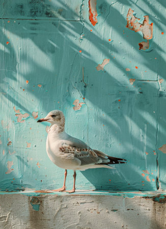 A seagull perched confidently on a rock near a body of water, observing its surroundings.の素材