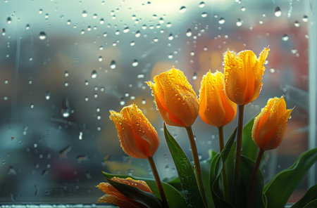 A detailed view of a vase filled with colorful flowers placed near a window, with sunlight illuminating the petals.の素材