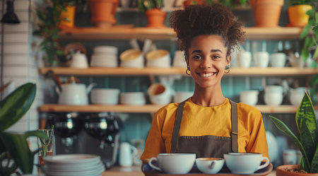 A woman is standing in front of a shelf that is filled with various cups and saucers.の素材