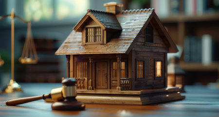 A judges gavel rests on top of a house, symbolizing authority and justice.の素材