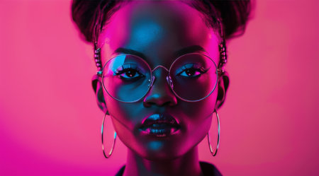 A woman is wearing glasses, standing against a pink background.の素材