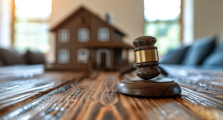 A wooden judges gavel placed next to a small house, symbolizing the concept of justice and legal matters in a residential setting.の素材