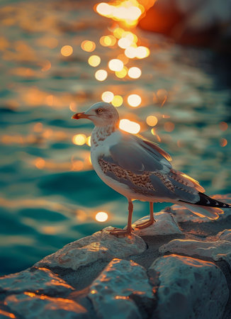 A seagull perched confidently on a rock near a body of water, observing its surroundings.の素材