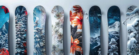 A series of snowboards neatly aligned next to each other.の素材