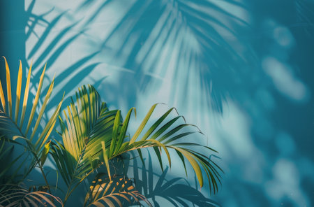 Green palm leaves stand out against a vibrant blue background in this simple and elegant composition.の素材