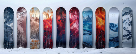 A series of snowboards neatly aligned next to each other.の素材