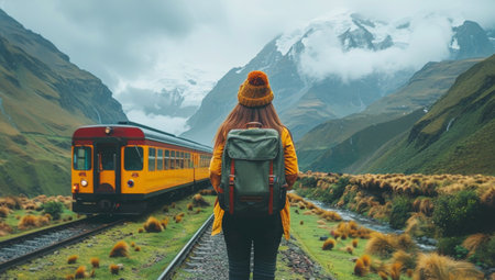 A woman wearing a hat is standing and looking towards a passing train.の素材