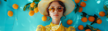 A woman wearing a yellow dress and hat stands surrounded by vibrant oranges.の素材