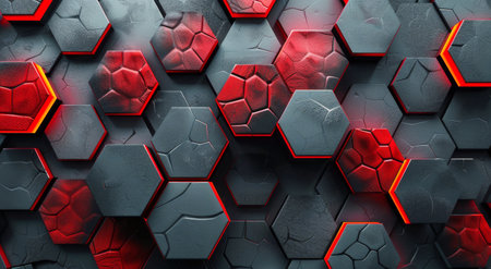 Red and black hexagonal shapes creating a striking geometric background.の素材