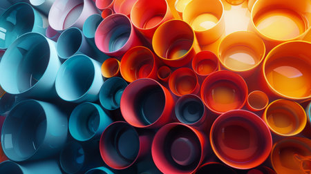 Stacked arrangement of various colored cups creating a vibrant and dynamic display.の素材