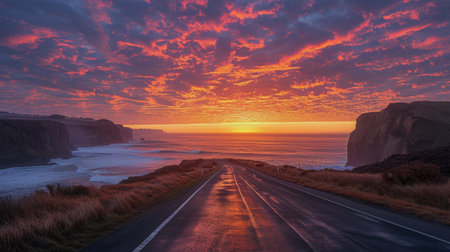 The sun sets on the horizon as it dips below the ocean, casting a warm glow over the road ahead.の素材