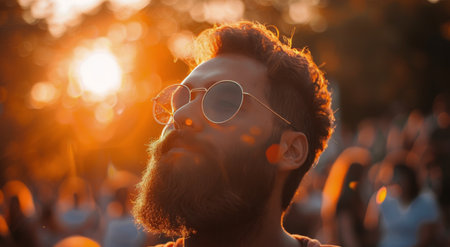 A man with a beard wearing sunglasses on a sunny day.の素材