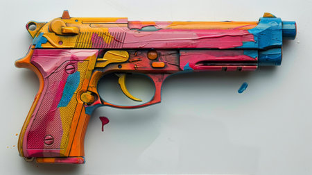 A vividly painted gun is displayed against a clean white backdrop, showing a striking contrast of colors.の素材