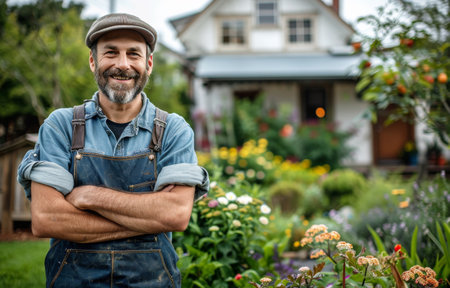 A man stands in a garden, his arms crossed in front of him.の素材