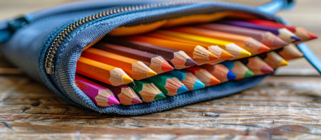 A blue case filled with colored pencils is placed on top of a wooden table.の素材