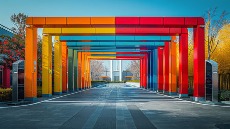 A long row of brightly colored poles line a parking lot under a clear blue sky, adding a vibrant touch to the urban landscape.の素材