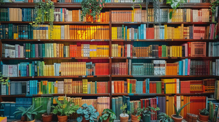 A bookshelf filled with numerous books of various sizes and colors, interspersed with lush green plants.の素材